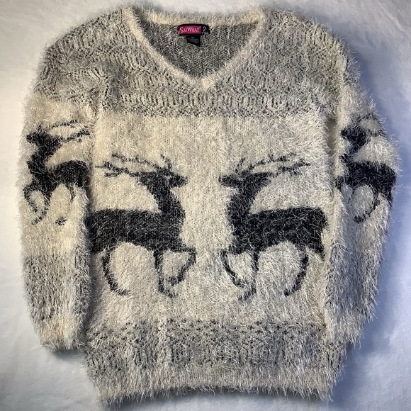 Fuzzy Reindeer V-Neck Sweater Women’s Extra Small XS - Picture 1 of 9